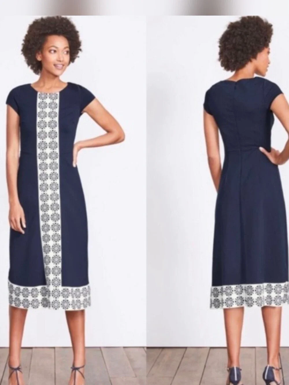 BODEN Frederica Ponte Midi Dress Navy Blue Heart Floral Cap Sleeve - Picture 1 of 10